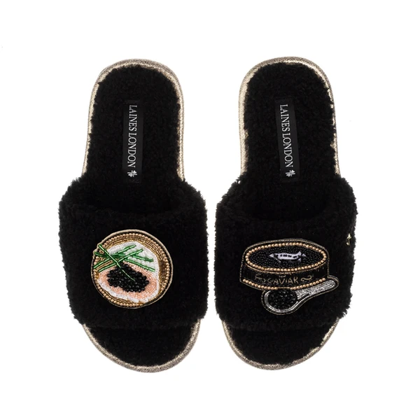 laines london Teddy Toweling Slipper Sliders With Caviar & Blini Brooches