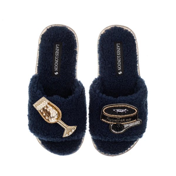Laines London Teddy Toweling Slipper Sliders With Caviar & Glass Of Champers Brooches