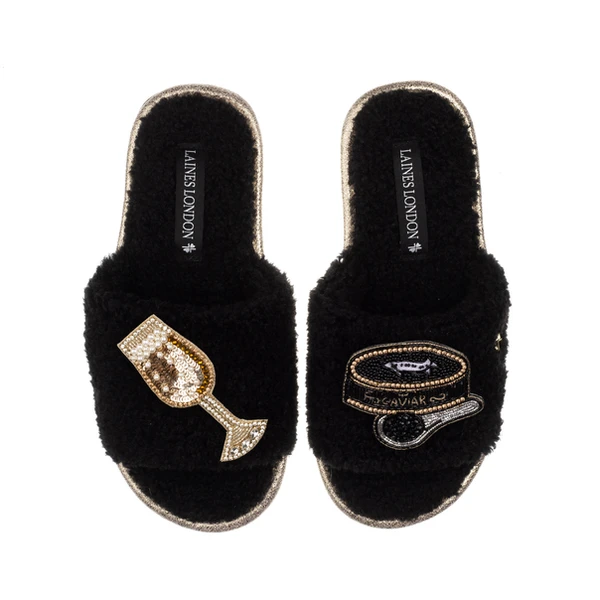 Laines London Teddy Toweling Slipper Sliders With Caviar & Glass Of Champers Brooches
