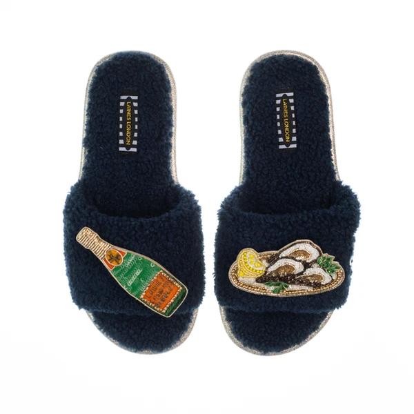 Laines London Teddy Toweling Slipper Sliders With Champers Bottle & Oyster Brooches