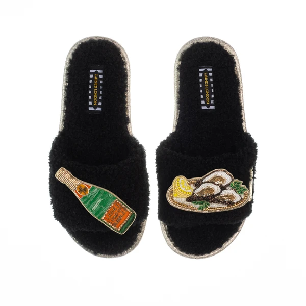 Laines London Teddy Toweling Slipper Sliders With Champers Bottle & Oyster Brooches