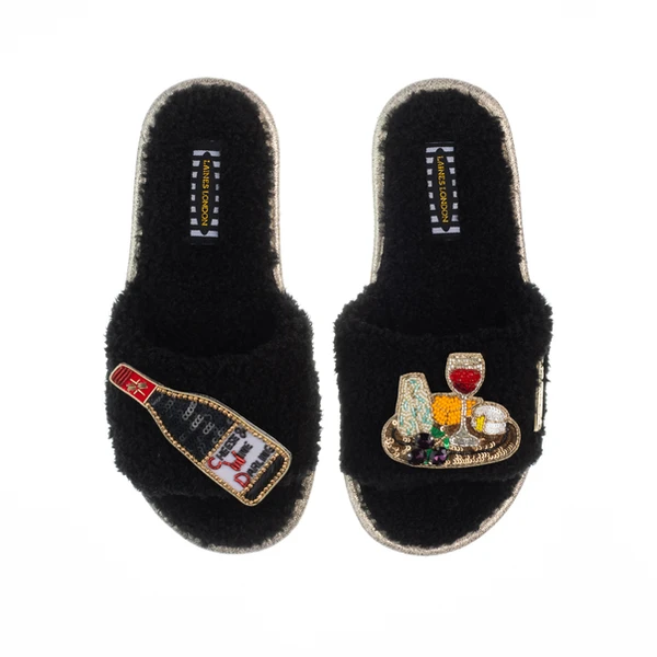 Laines London Teddy Toweling Slipper Sliders With Cheese & Red Wine Brooches