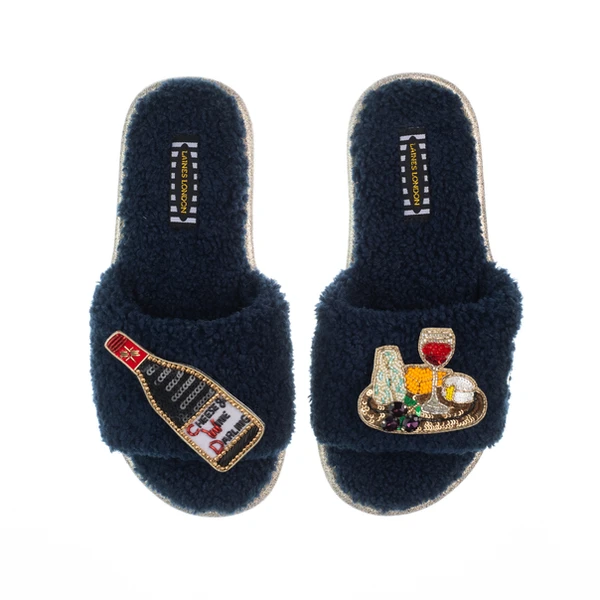 Laines London Teddy Toweling Slipper Sliders With Cheese & Red Wine Brooches