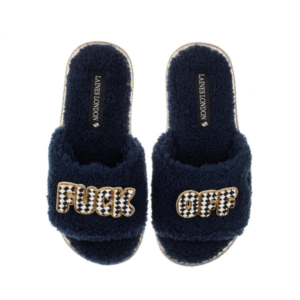 Laines London Teddy Toweling Slipper Sliders With Chequered Fuck Off Brooches