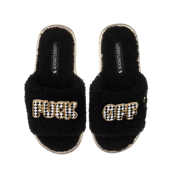 Laines London Teddy Toweling Slipper Sliders With Chequered Fuck Off Brooches