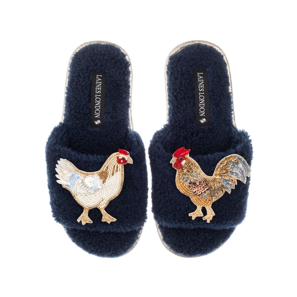 Laines London Teddy Toweling Slipper Sliders With Chicken & Rooster Brooches