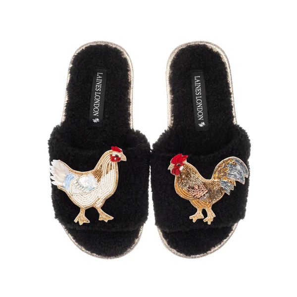 Laines London Teddy Toweling Slipper Sliders With Chicken & Rooster Brooches