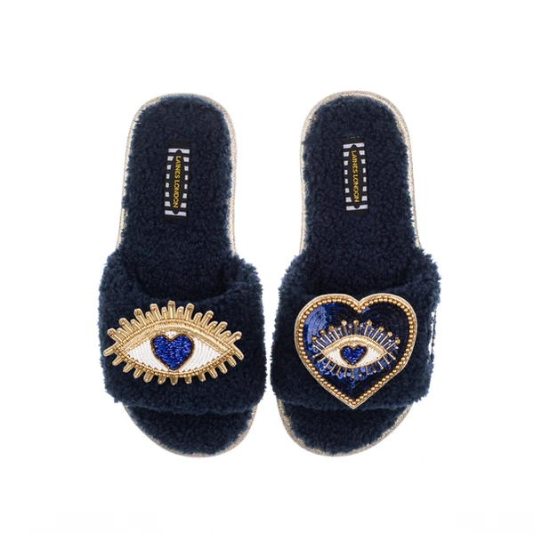 Laines London Teddy Toweling Slipper Sliders With Double Blue Heart & Love Eye Brooches