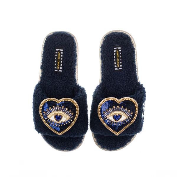 Laines London Teddy Toweling Slipper Sliders With Double Blue Heart Eye Brooches