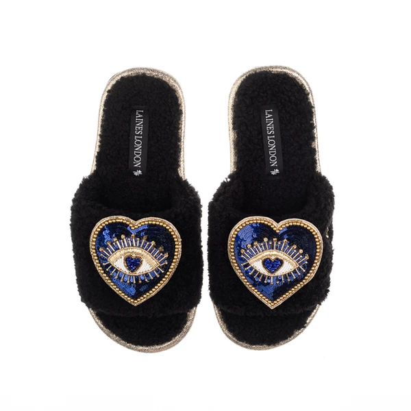 Laines London Teddy Toweling Slipper Sliders With Double Blue Heart Eye Brooches
