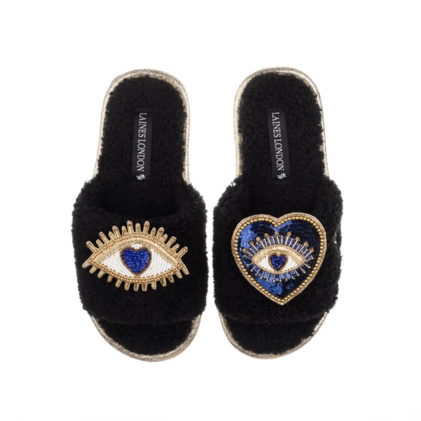laines london Teddy Toweling Slipper Sliders With Double Blue Heart & Love Eye Brooches