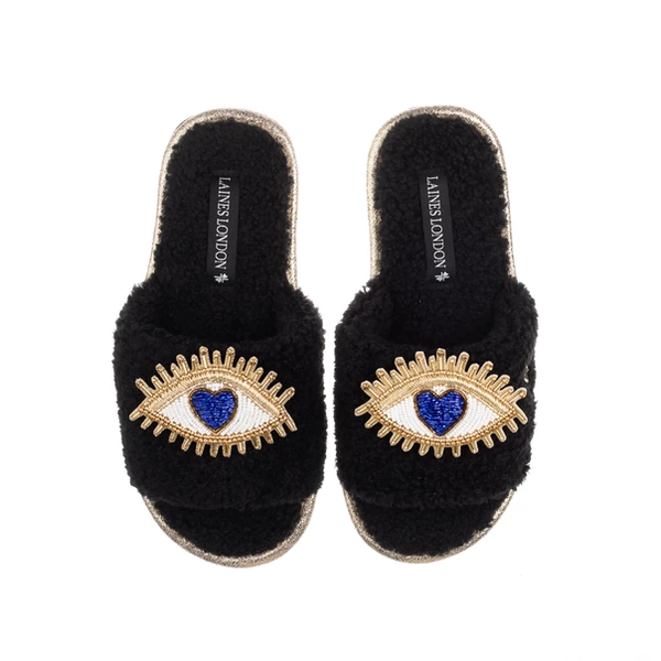 Laines London Teddy Toweling Slipper Sliders With Double Blue Love Eye Brooches