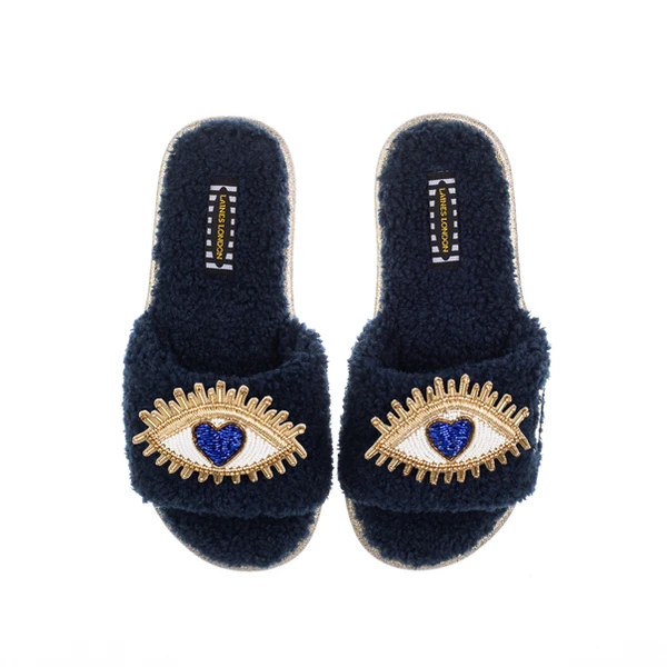 Laines London Teddy Toweling Slipper Sliders With Double Blue Love Eye Brooches