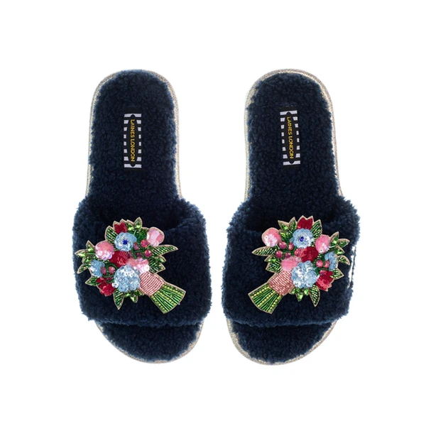 Laines London Teddy Toweling Slipper Sliders With Double Flower Bouquet Brooches