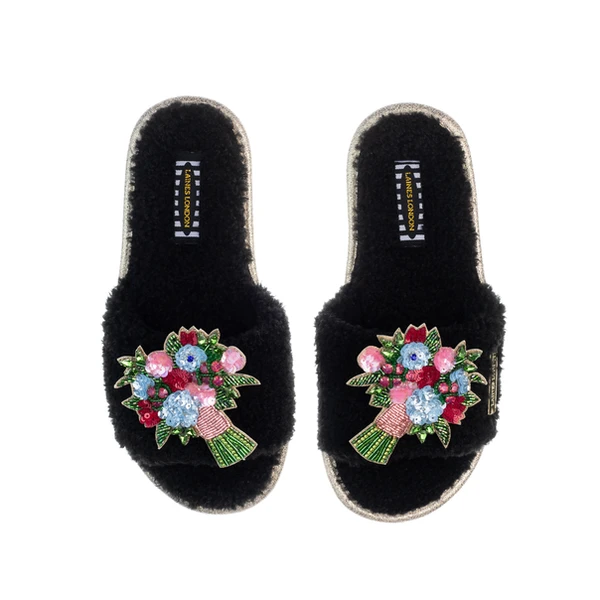 laines london Teddy Toweling Slipper Sliders With Double Flower Bouquet Brooches