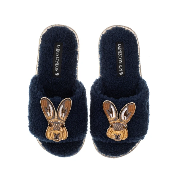 Laines London Teddy Toweling Slipper Sliders With Double Hare Brooches