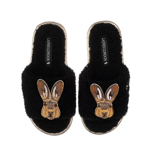 Laines London Teddy Toweling Slipper Sliders With Double Hare Brooches