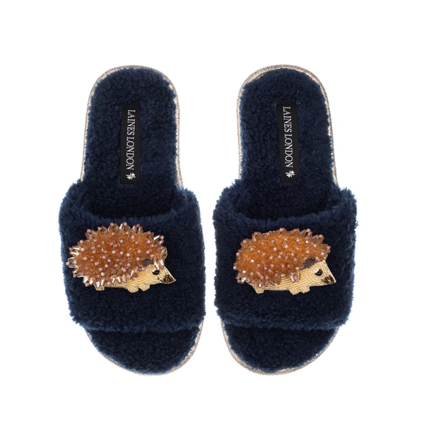 Laines London Teddy Toweling Slipper Sliders With Double Hedgehog Brooches
