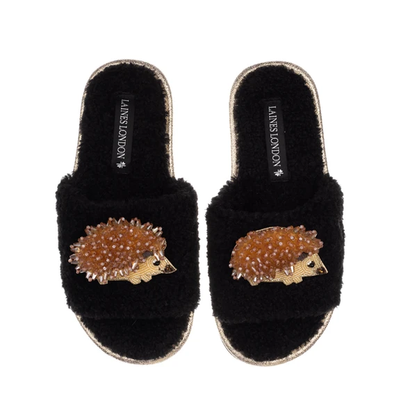 Laines London Teddy Toweling Slipper Sliders With Double Hedgehog Brooches