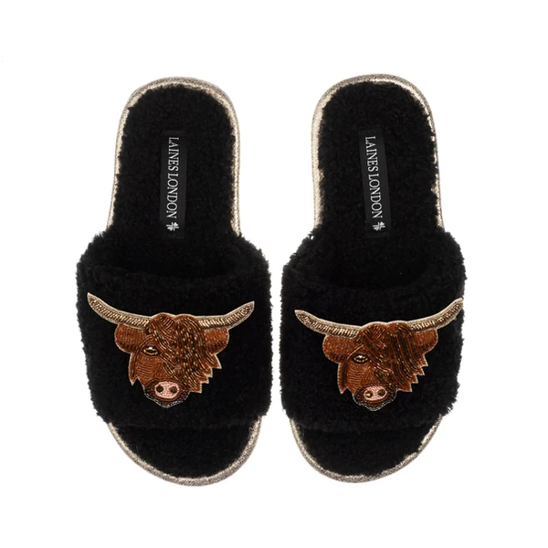 Laines London Teddy Toweling Slipper Sliders With Double Highland Cow Brooches