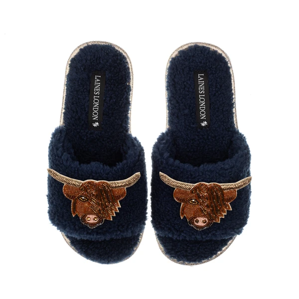 Laines London Teddy Toweling Slipper Sliders With Double Highland Cow Brooches