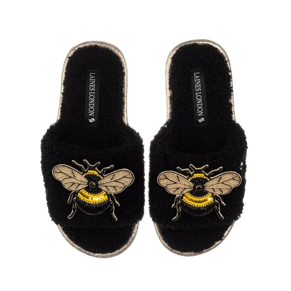 Laines London Teddy Toweling Slipper Sliders With Double Honeybee Brooches