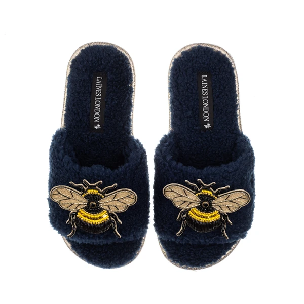 Laines London Teddy Toweling Slipper Sliders With Double Honeybee Brooches
