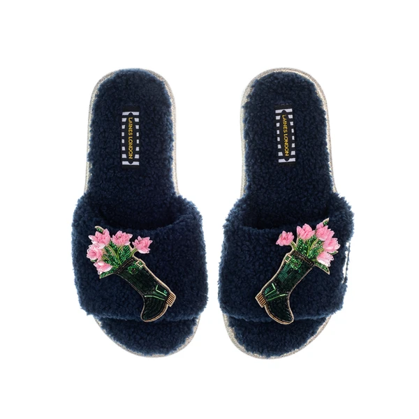 Laines London Teddy Toweling Slipper Sliders With Double Wellington Boots Brooches