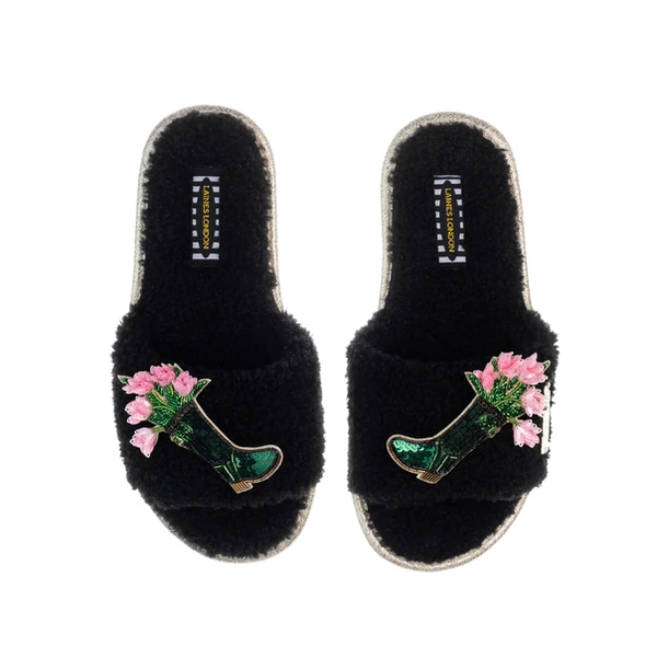 Laines London Teddy Toweling Slipper Sliders With Double Wellington Boots Brooches