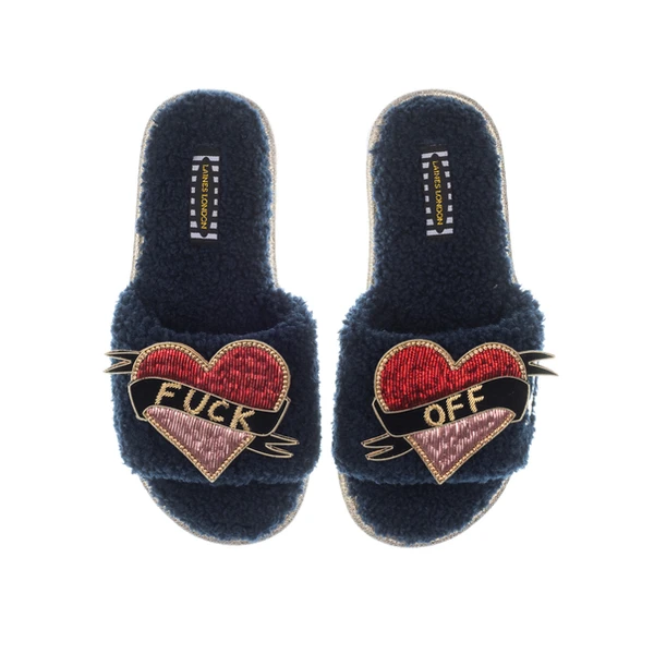 Laines London Teddy Toweling Slipper Sliders With Fuck Off Brooches