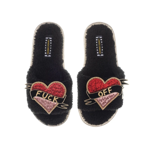 laines london Teddy Toweling Slipper Sliders With Fuck Off Brooches
