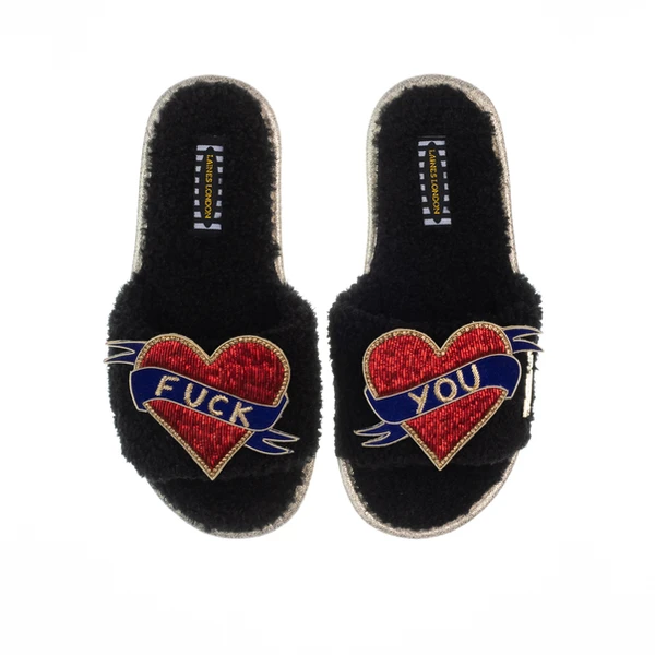 Laines London Teddy Toweling Slipper Sliders With Fuck You Brooches