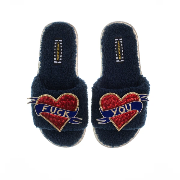 Laines London Teddy Toweling Slipper Sliders With Fuck You Brooches