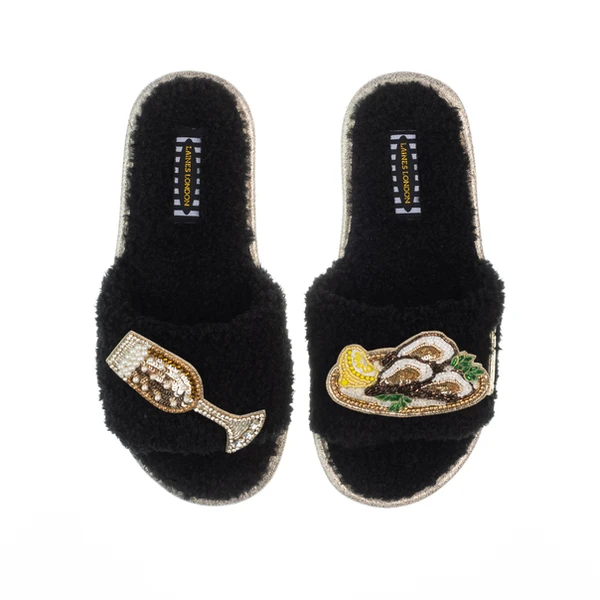 Laines London Teddy Toweling Slipper Sliders With Glass Of Fizz & Oyster Brooches
