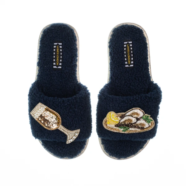 laines london Teddy Toweling Slipper Sliders With Glass Of Fizz & Oyster Brooches