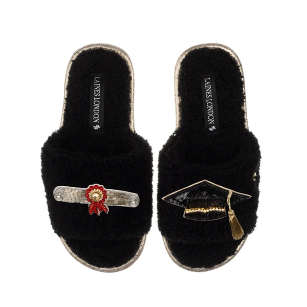 Laines London Teddy Toweling Slipper Sliders With Graduation Brooches