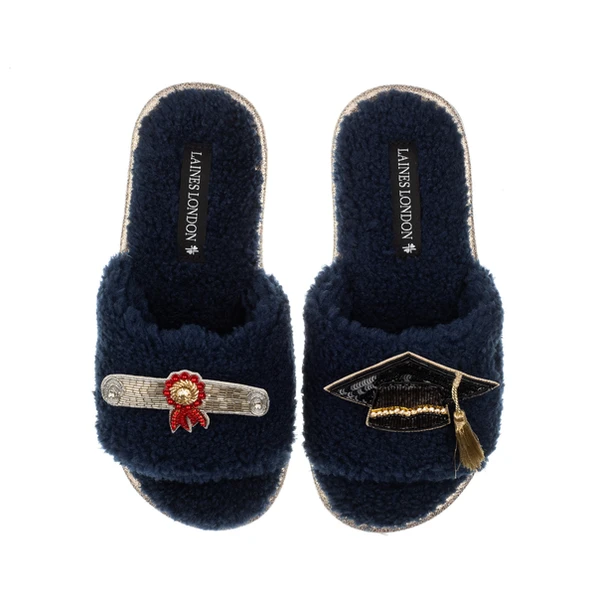 laines london Teddy Toweling Slipper Sliders With Graduation Brooches