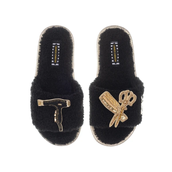 Laines London Teddy Toweling Slipper Sliders With Hairdresser Brooches