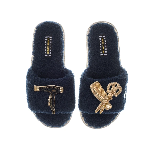 Laines London Teddy Toweling Slipper Sliders With Hairdresser Brooches