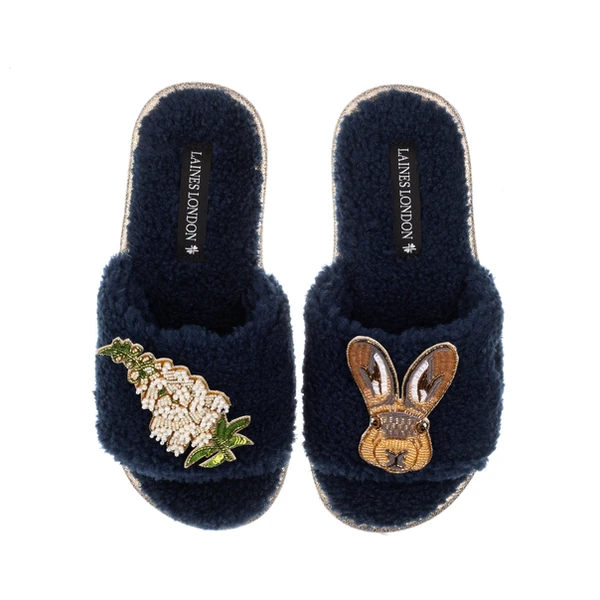 Laines London Teddy Toweling Slipper Sliders With Hare & White Foxglove Flower Brooches