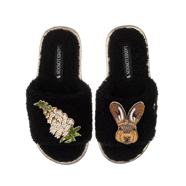 Laines London Teddy Toweling Slipper Sliders With Hare & White Foxglove Flower Brooches