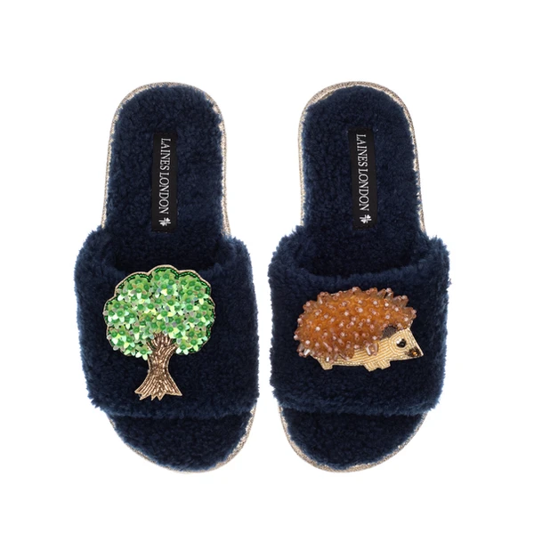 Laines London Teddy Toweling Slipper Sliders With Hedgehog & Oak Tree Brooches