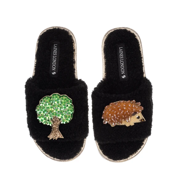 Laines London Teddy Toweling Slipper Sliders With Hedgehog & Oak Tree Brooches