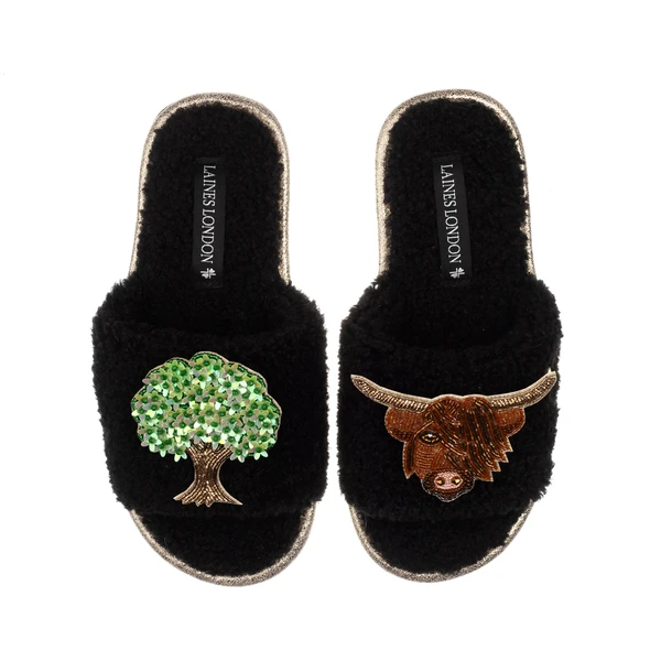 Laines London Teddy Toweling Slipper Sliders With Highland Cow & Oak Tree Brooches