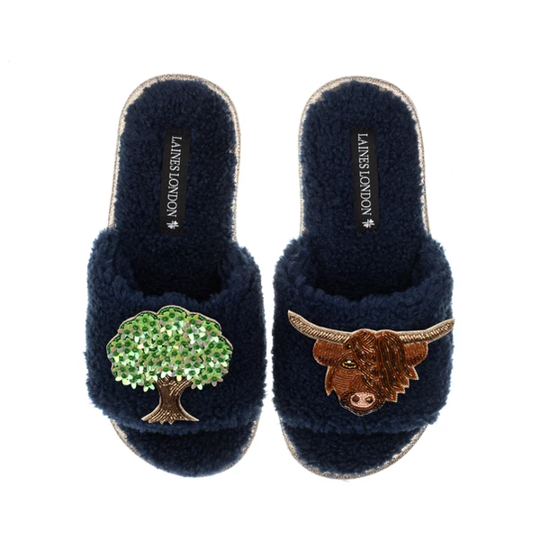 Laines London Teddy Toweling Slipper Sliders With Highland Cow & Oak Tree Brooches