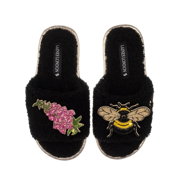 Laines London Teddy Toweling Slipper Sliders With Honeybee & Pink Foxglove Flowers Brooches