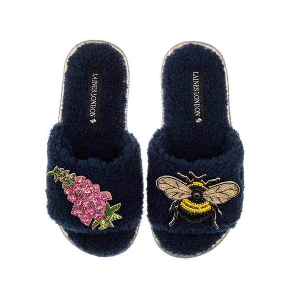 laines london Teddy Toweling Slipper Sliders With Honeybee & Pink Foxglove Flowers Brooches