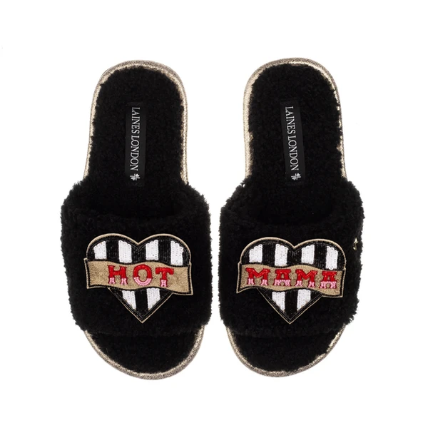 Laines London Teddy Toweling Slipper Sliders With Hot Mama Brooches