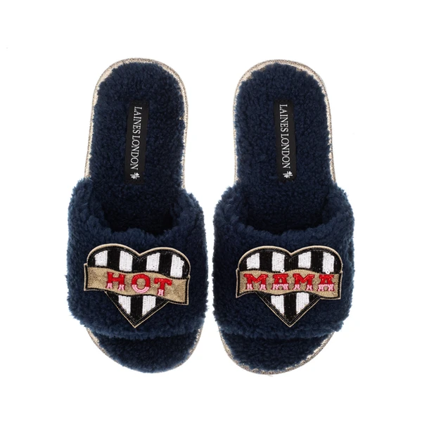 laines london Teddy Toweling Slipper Sliders With Hot Mama Brooches