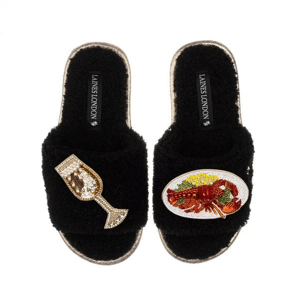 Laines London Teddy Toweling Slipper Sliders With Lobster Platter & Glass Of Bubbles Brooches